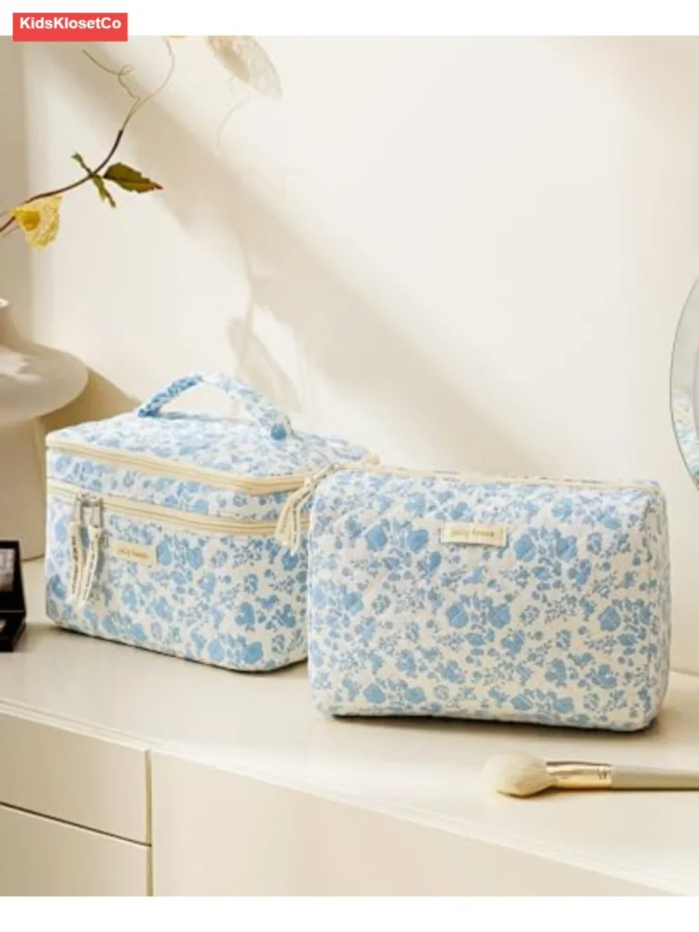 2-Piece Quilted Cosmetic Bag Set Cotton Travel Makeup Organizer Large Capacity